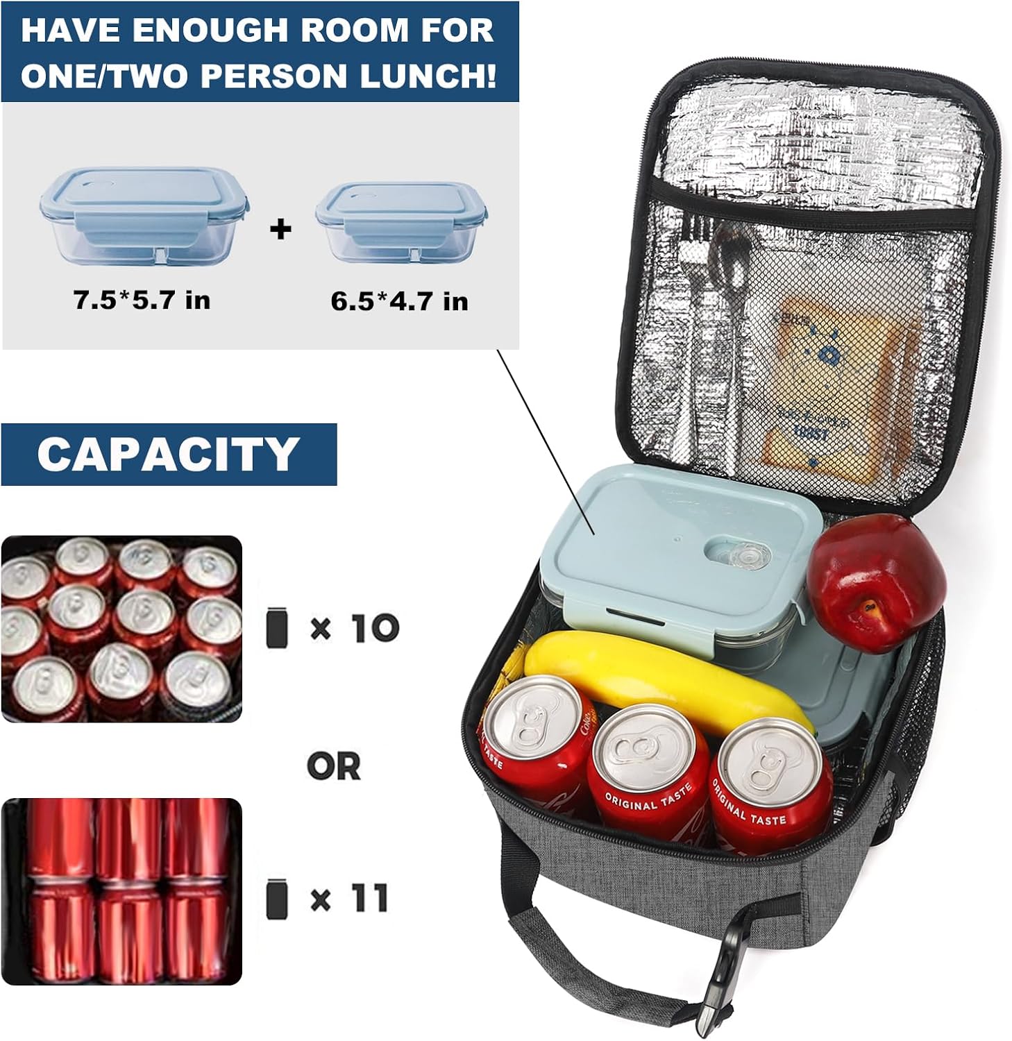 Femuar Lunch Box for Men Women Adults, Small Lunchbox for Work Picnic - Reusable Lunch bag Portable Lunch tote, Charcoal Grey