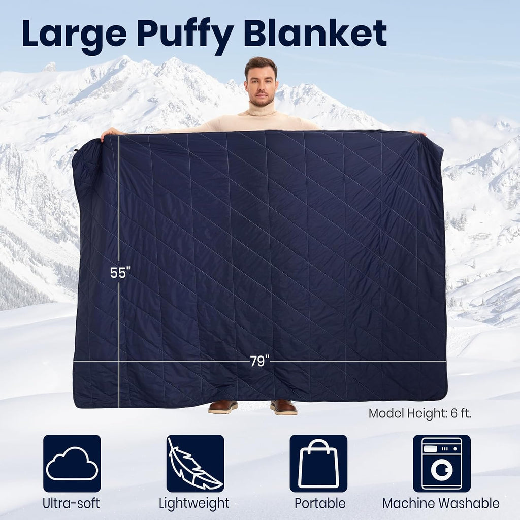 Ultralight Puffy Blanket, Outdoor Camping Blanket, Water-Resistant and Packable, Great for Camping, Stadium, Traveling, Backpacking, Picnic and Beach. 79"x55". Royal Blue