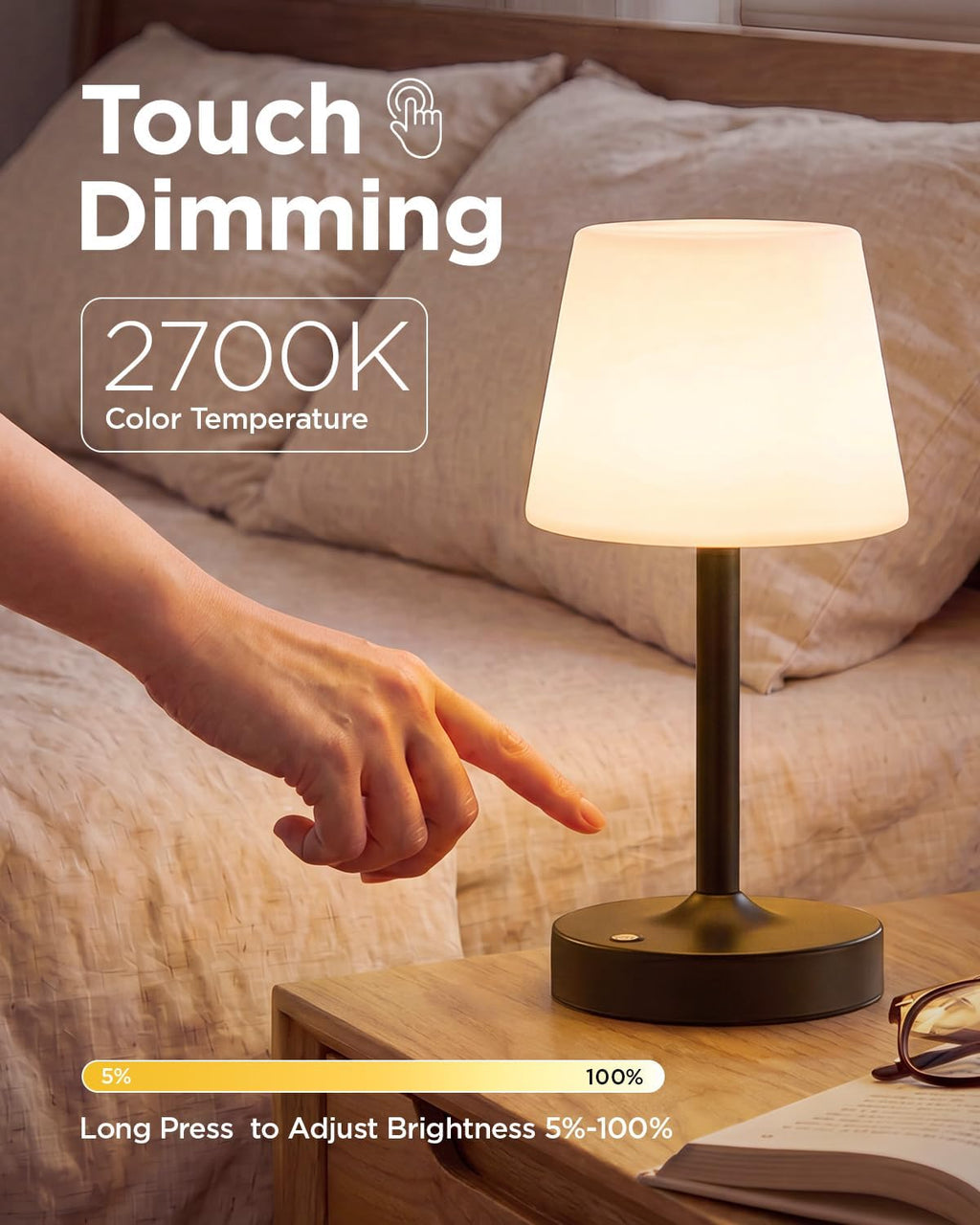 IP65 Waterproof Rechargeable Shower Lamp, Cordless Bathroom Touch Lamps