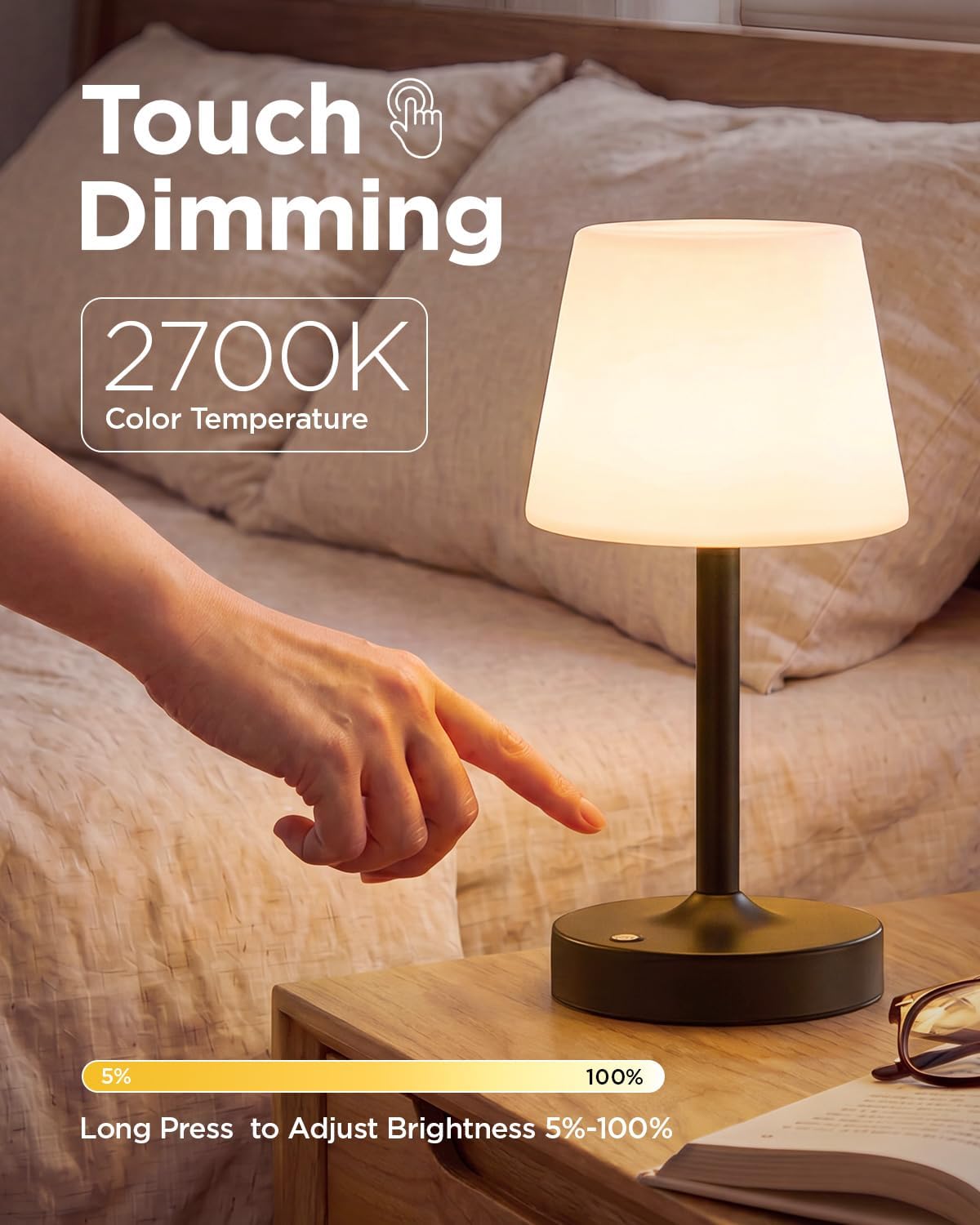 IP65 Waterproof Rechargeable Shower Lamp, Cordless Bathroom Touch Lamps