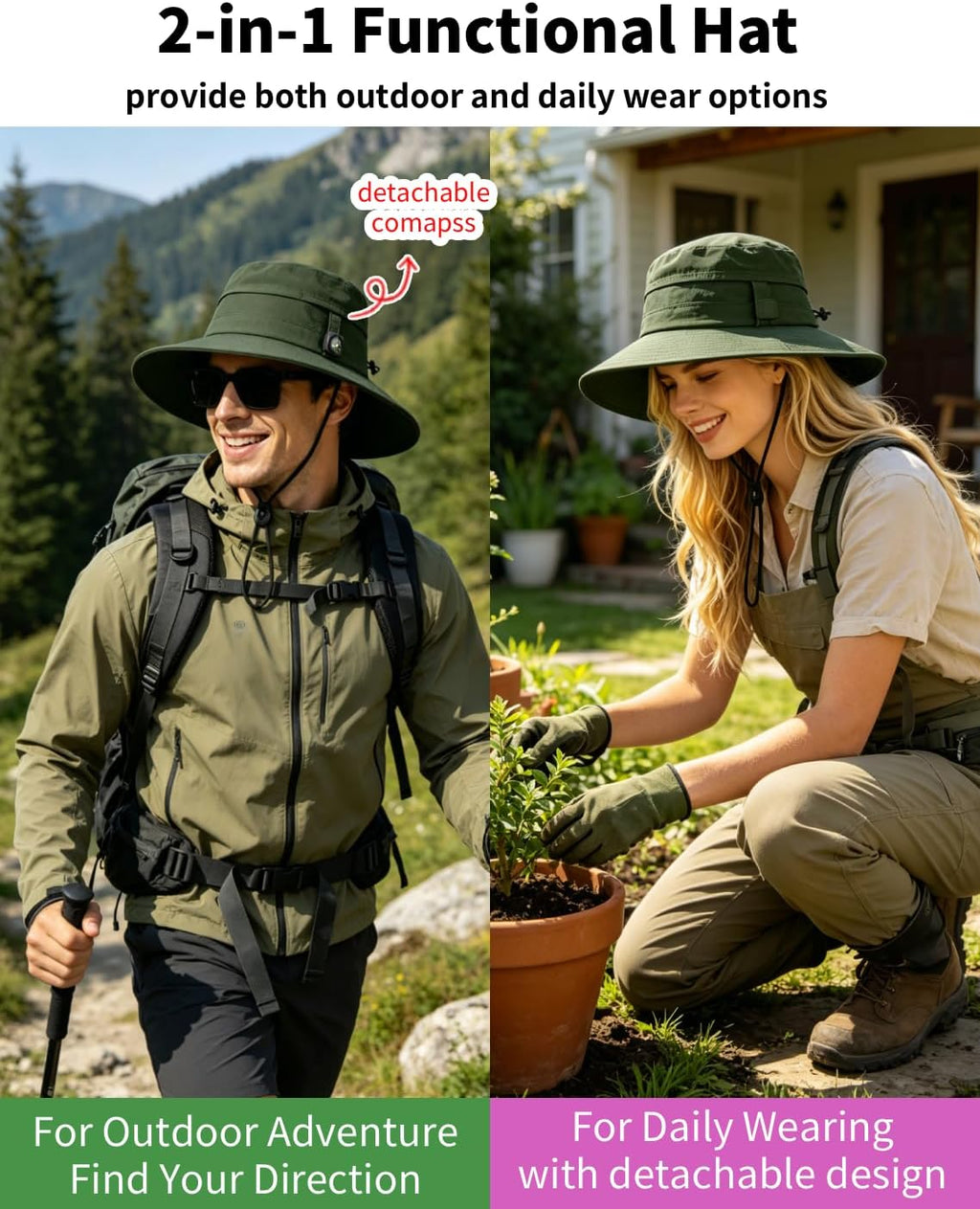 ZOORON Sun Hat for Men Women Detachable Compass, Boonie Hats UPF 50+ Fishing Hat, Lightweight Foldable Bucket Hats