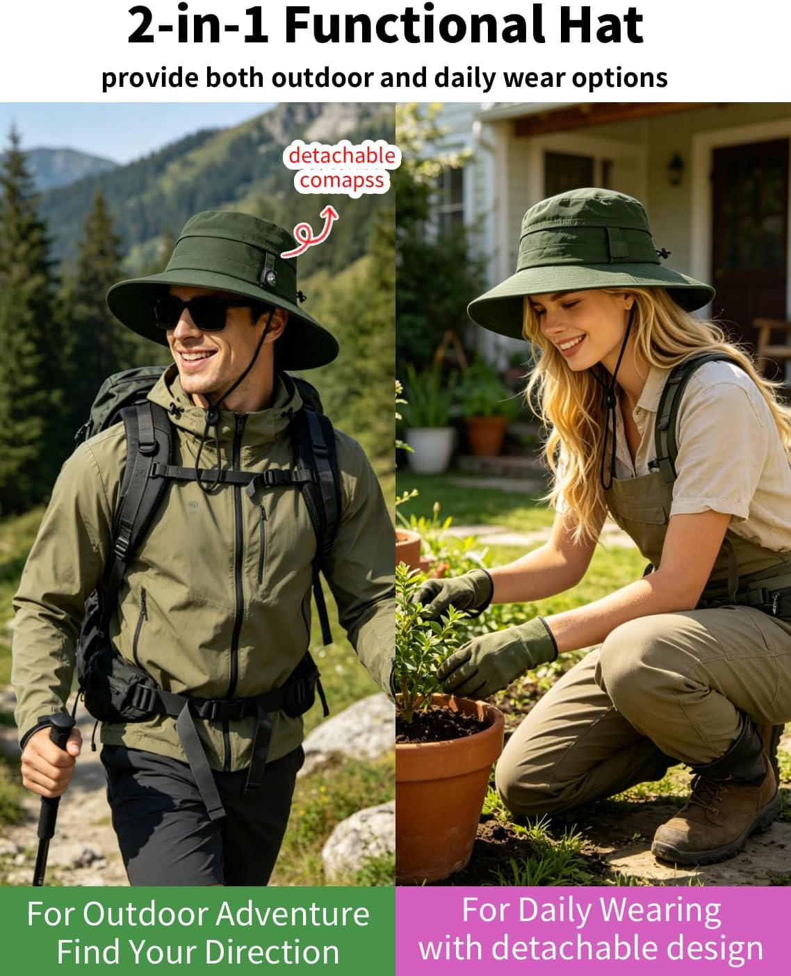 ZOORON Sun Hat for Men Women Detachable Compass, Boonie Hats UPF 50+ Fishing Hat, Lightweight Foldable Bucket Hats