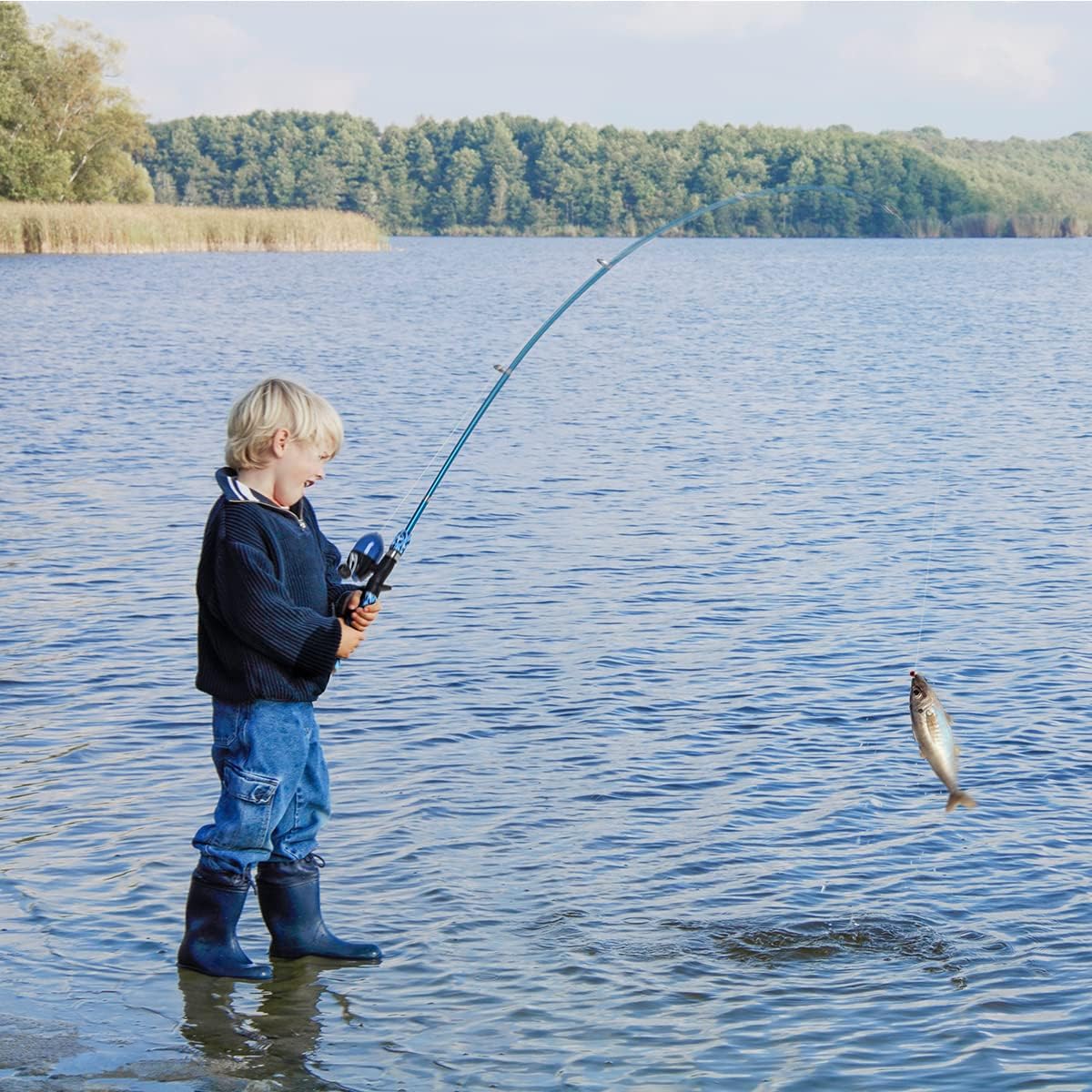 CODEK Kids Fishing Pole Set with Full Starter Kits 2 Set Portable Telescopic Fishing Rod and Spincast Reel Cambos with a Fishing Net and 2 Buckets for Boys Girls and Youth