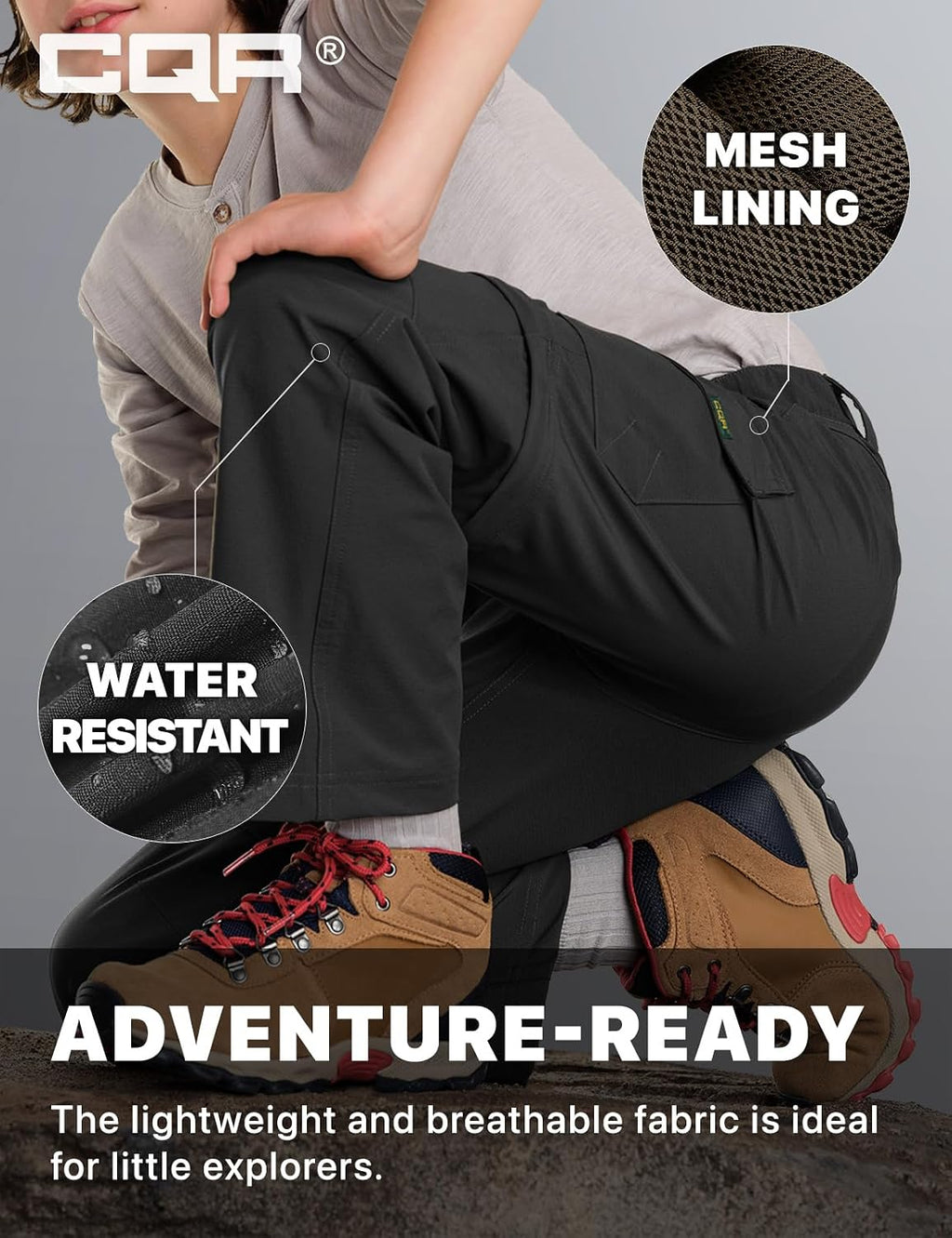 CQR Kids Youth Hiking Cargo Pants, UPF 50+ Quick Dry Convertible Zip Off Pants, Outdoor Camping Pants