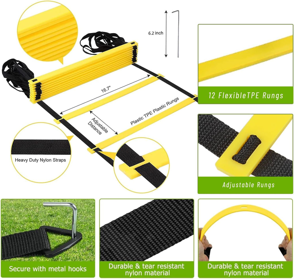 20Ft Agility Ladder Training Equipment for Soccer 12 Cones, Solo Soccer Trainer, Jump Rope Speed Football Gifts for boy