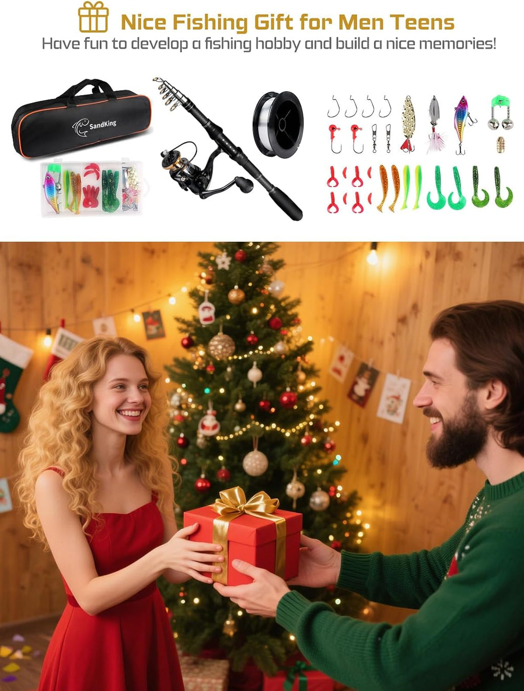 Fishing Pole Kit, Carbon Fiber Telescopic Fishing Rod and Reel Combo with Spinning Reel, Line, Bionic Bait, Hooks and Carrier Bag for Adult Teens Beginners