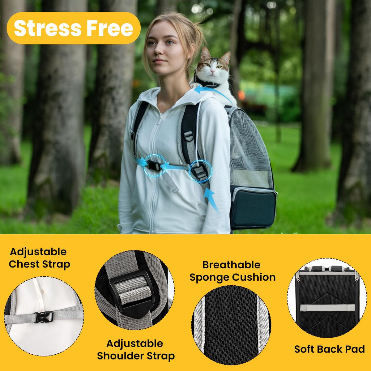 Conlun Cat Backpack Carrier for Small Dogs and Cats Fit Up to 15 Lbs,Small Dog Backpack, Foldable with 3-Side Mesh Windows, Pet Carrier for Travel & Hiking Friendly，Gray