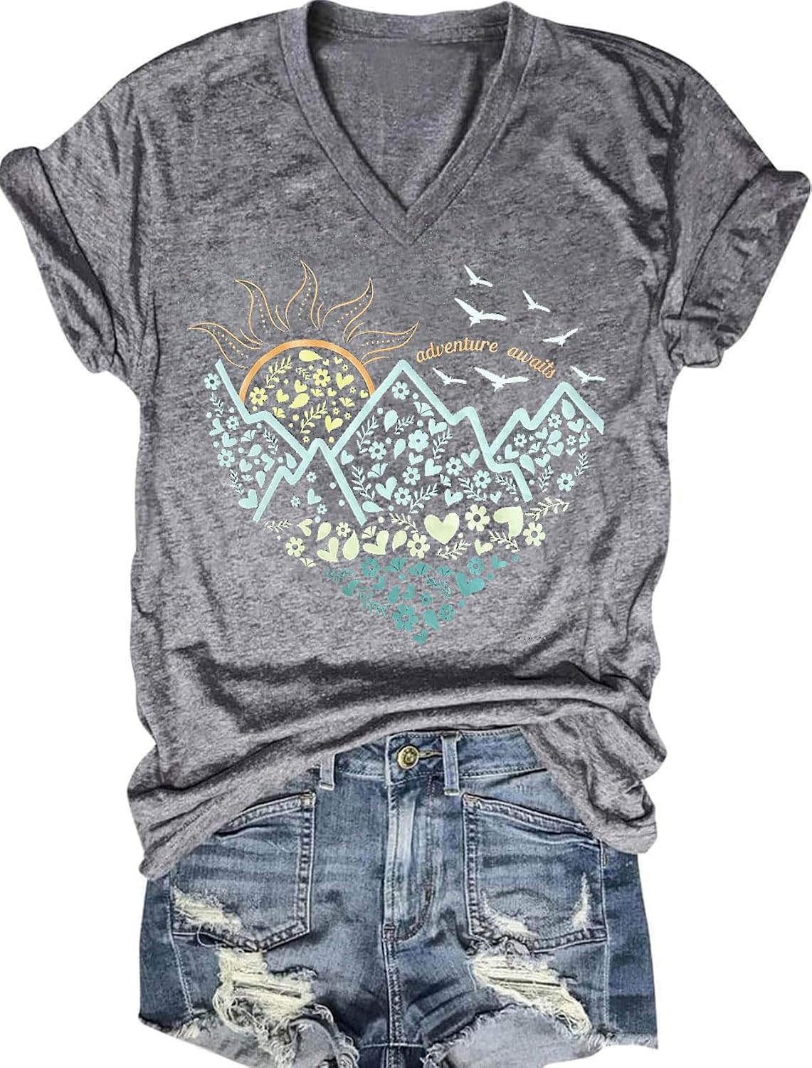 Vintage Boho Tops for Women V-Neck Flowers Shirt Spring Graphic Tees Floral Print Summer Casual Short Sleeve Tshirt Top