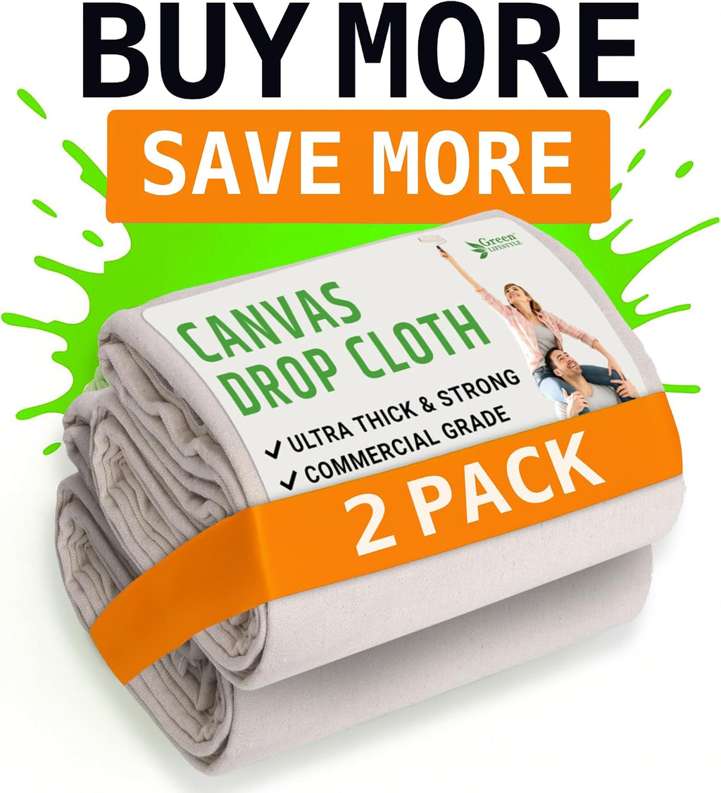 GREEN LIFESTYLE All Purpose Canvas Drop Cloths - Drop Cloth for Painting, Floor Cover, Heavy Duty Protection for Furniture & Surfaces, Reusable Painters Canvas Tarp for Renovation (9x12)