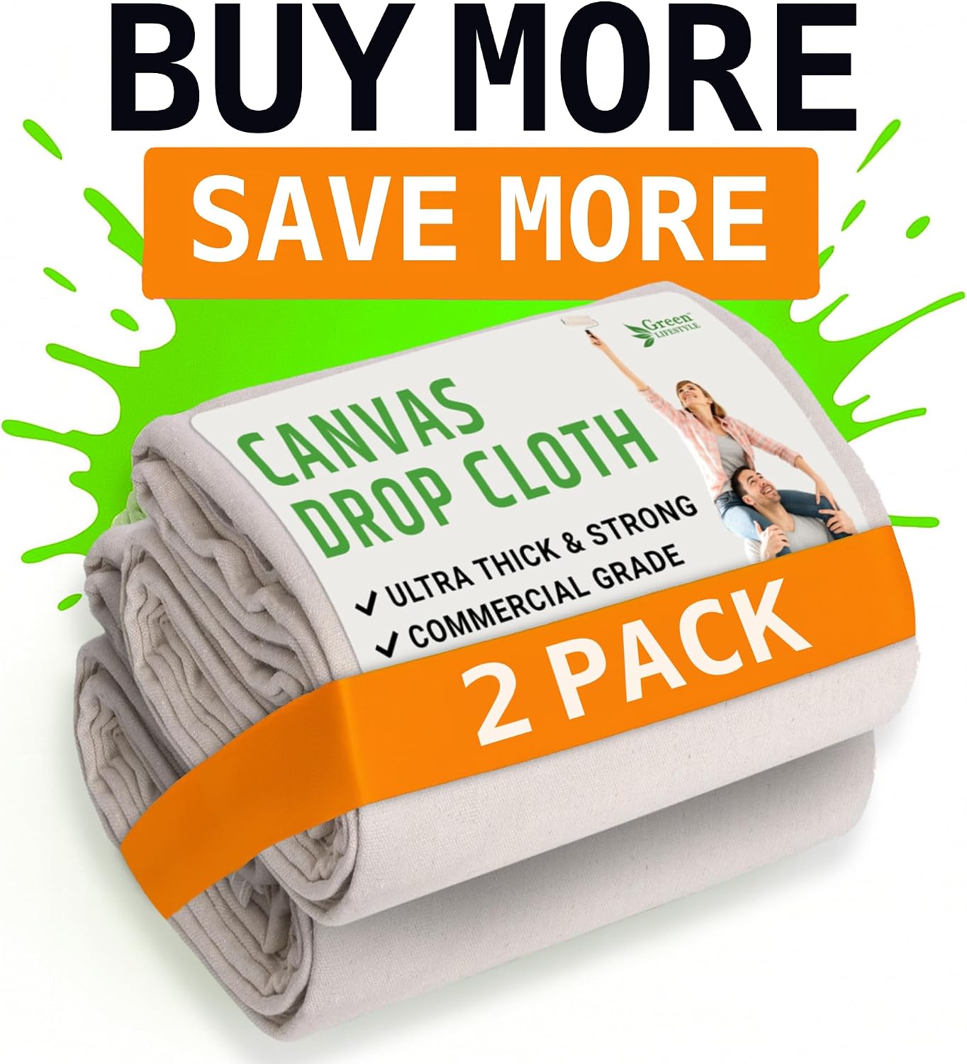 GREEN LIFESTYLE All Purpose Canvas Drop Cloths - Drop Cloth for Painting, Floor Cover, Heavy Duty Protection for Furniture & Surfaces, Reusable Painters Canvas Tarp for Renovation (9x12)