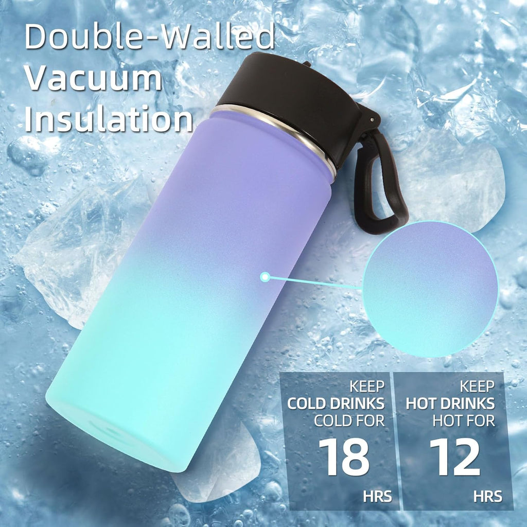 Volhoply 16 OZ Kids Water Bottle Bulk 2 Pack,Insulated Sports Bottles with Straw Lid,Stainless Steel Bottle with Handle Keep Cold&Hot,Double Wall Vacuum Tumbler Cups for School(Assorted, 2)