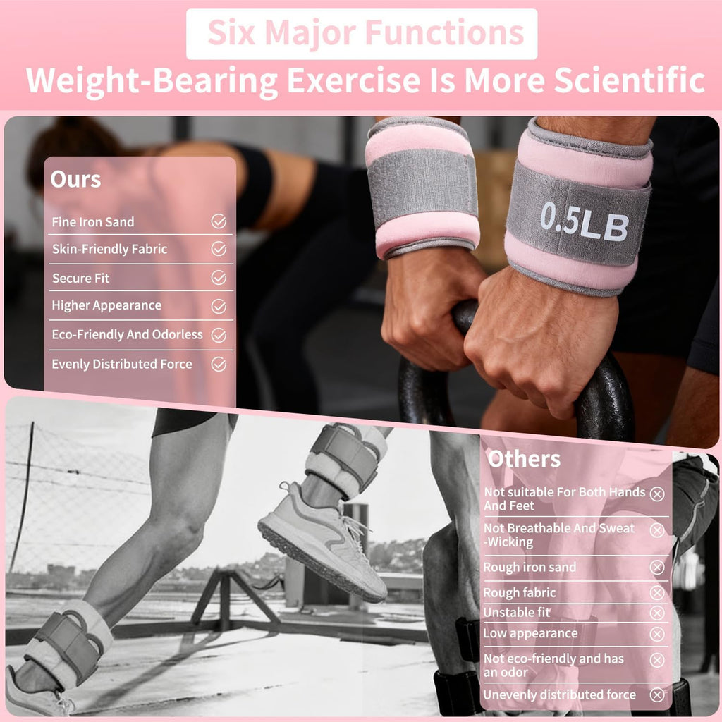 Ankle Weights for Women & Kids - 0.5LB/1LB Each Wrist/Ankle Weight Pair (1LB/2LB Total) Adjustable Arm/Leg Weights for Walking, Running, Pilates, Home Workout with Comfortable Straps (Pink)