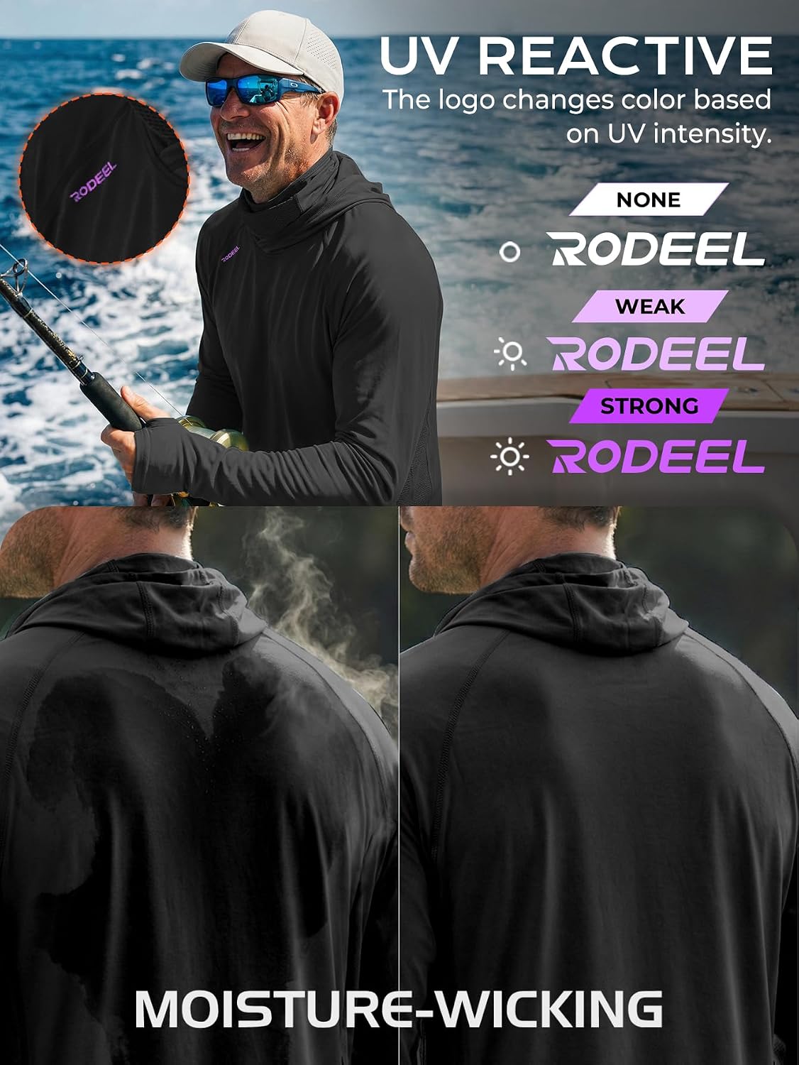 Rodeel UPF 50+ Men’s Long Sleeve Performance Fishing Hiking Shirt with Mask UV Neck Gaiter Hoodie