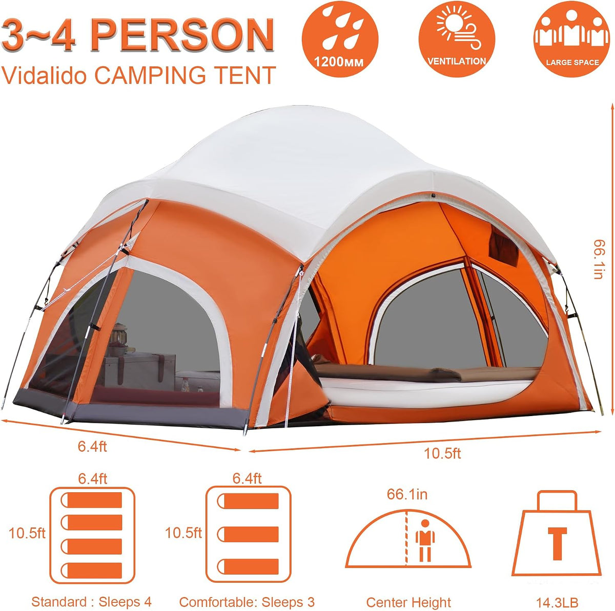 Vidalido 3-4 Person Camping Tent Easy Setup with Mesh Screen