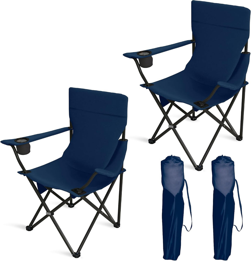 Camping Chairs for Adults 2 Pack, 300LBS Heavy Duty Reinforced Steel Portable Folding Chairs, Ergonomic High Back Outdoor Chair with Cup Holder & Side Pocket, Lightweight Set for Beach Picnic, Blue