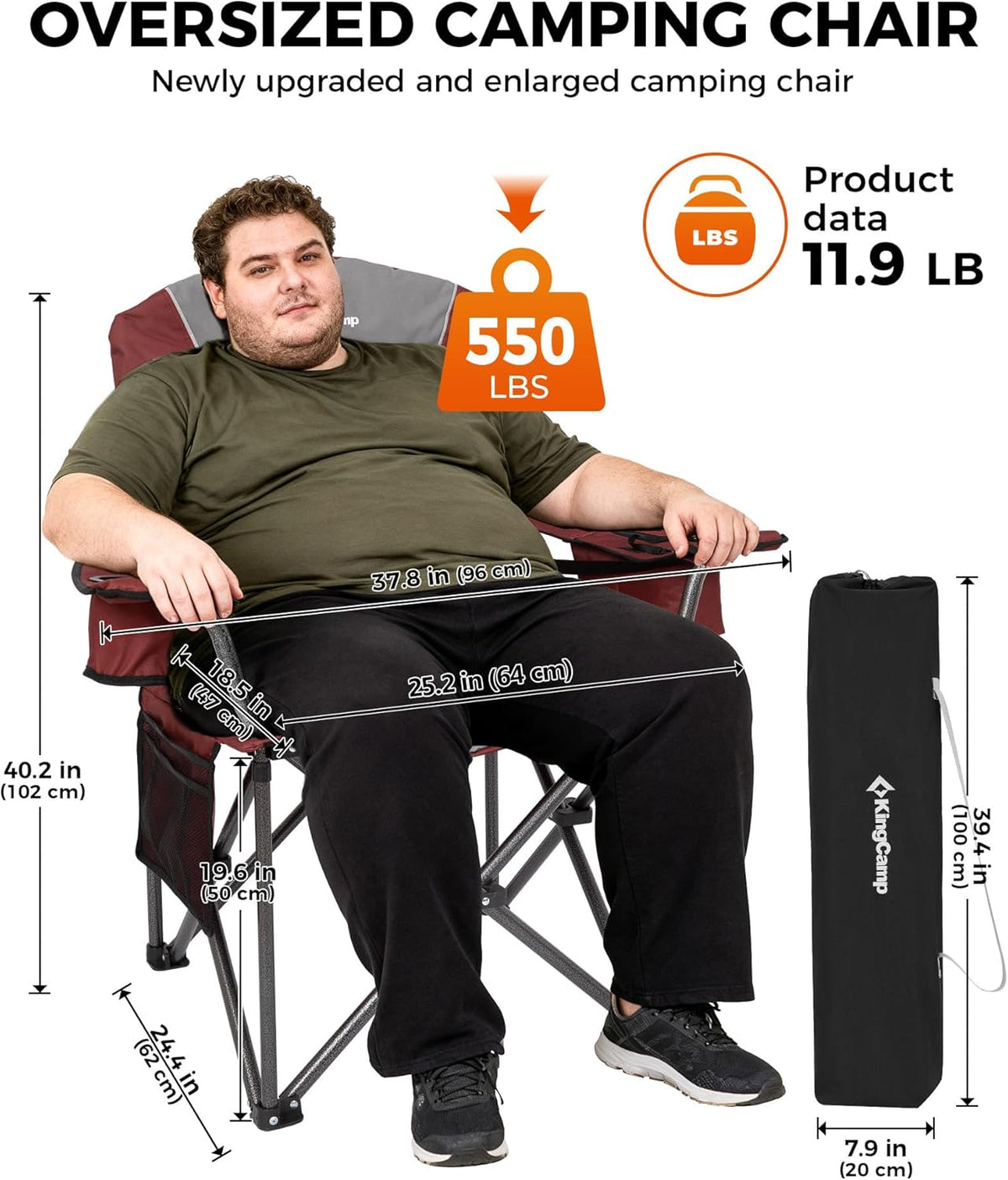 KingCamp Oversized Camping Chairs, 550lb Heavy Duty with Lumbar Support