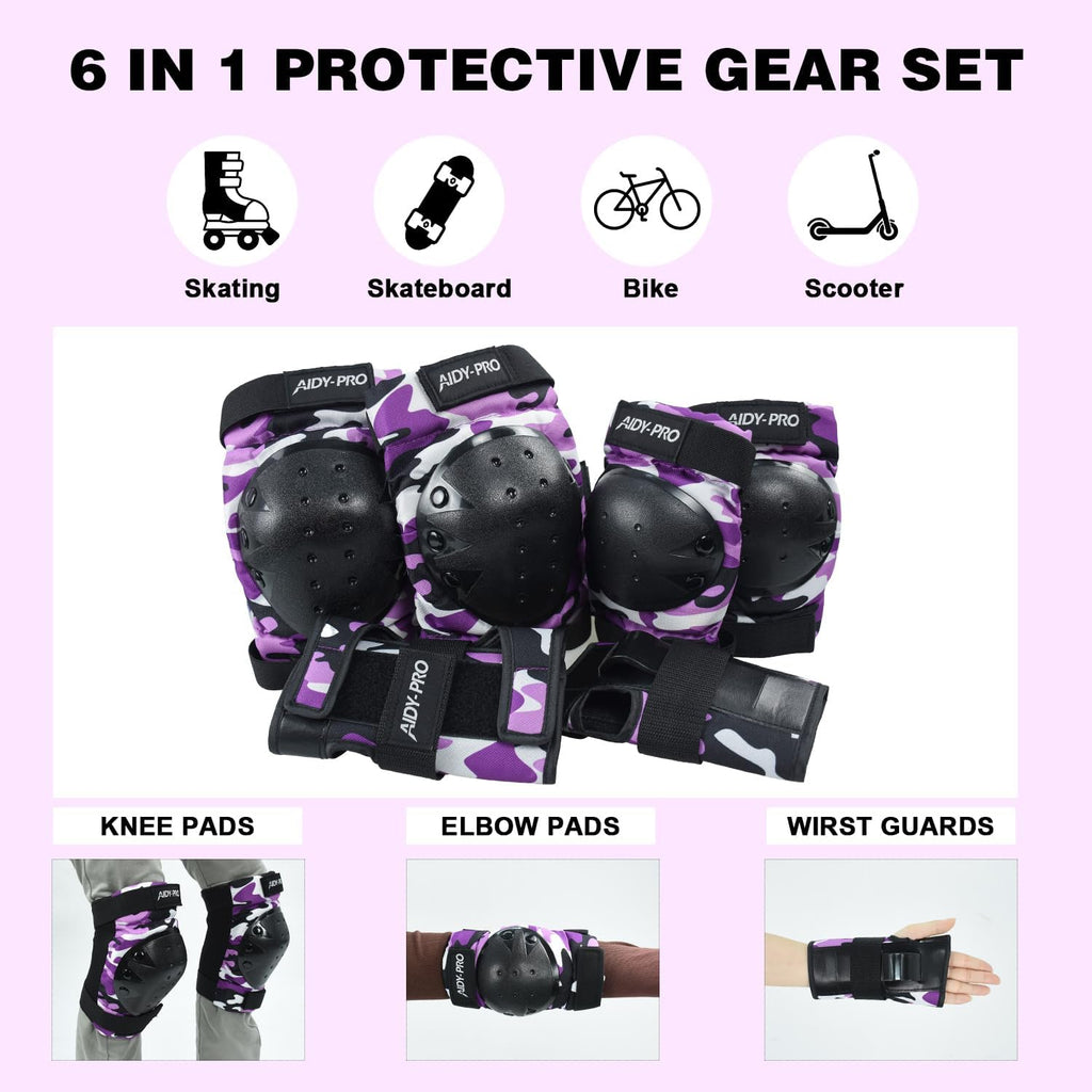 AIDY-PRO Adult/Youth/Kids Knee Pads and Elbow Pads Set Skateboard Protective Gear, 6 in 1 Knee Guards Kids Wrist Guards for Roller Skating Skateboarding Biking