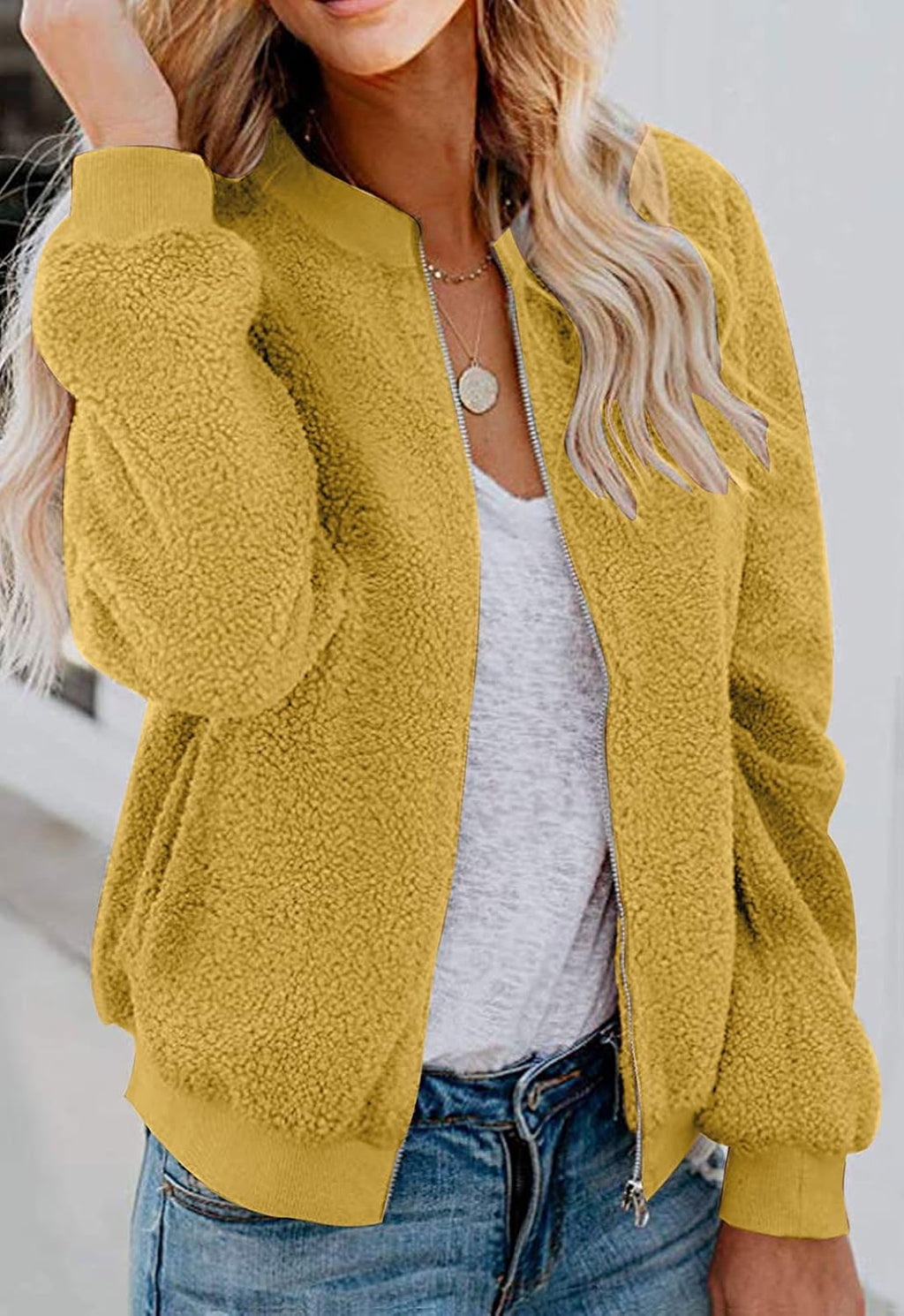MIROL Women's Fall Fleece Bomber Jacket Trendy Sherpa Winter Coat Fuzzy Casual Long Sleeve Zip Up Loose Fit Jackets