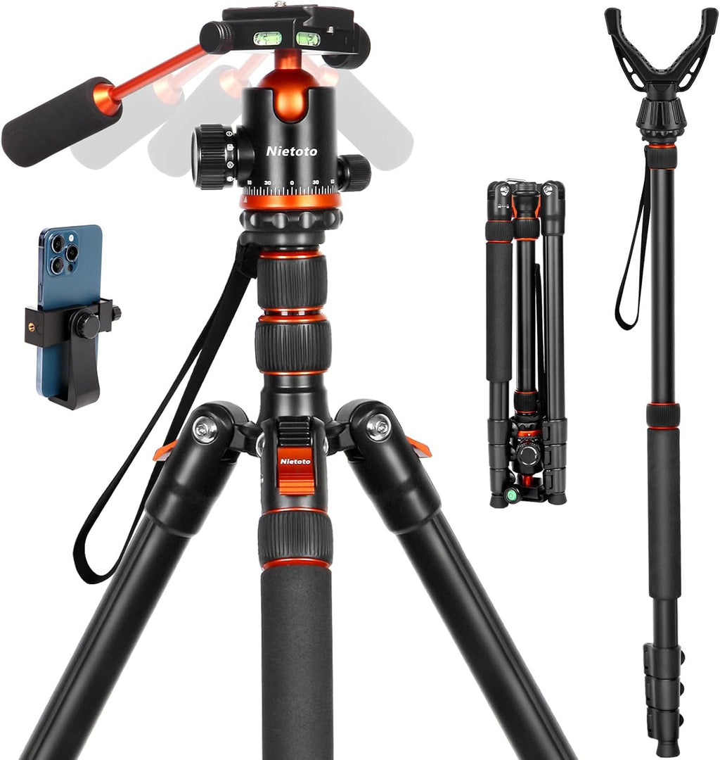 2 in 1 Camera Tripod & Hunting Stand Foldable, 68" Ball Head Tripod for Camera and Phone, Heavy Duty Tripod for DSLR Camera Lasers Binoculars Telescope Spotting Scope, Min Size 16.5" with Bag