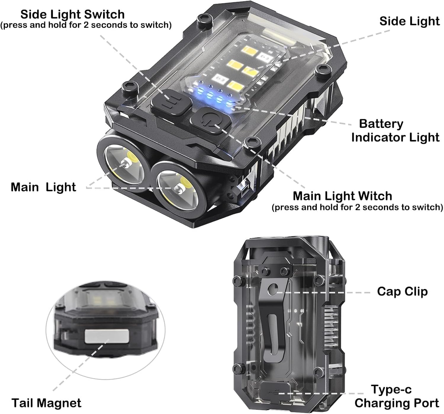 2Pack Rechargeable Keychain Flashlight with Hat Clip