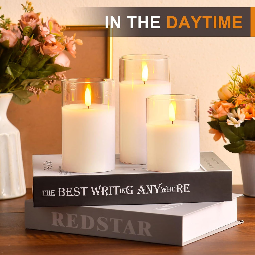 Tyawon Glass Battery Operated LED Flameless Candles with Remote and Timer, Real Wax Candles Warm Color Flickering Light for Festival Wedding Home Party Decor(Pack of 3)-White