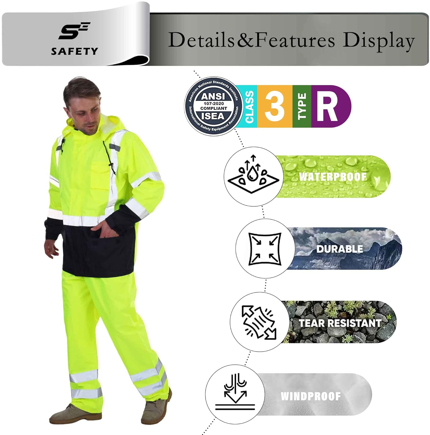 sesafety Hi Vis Rain Jacket, Rain Suits for Men Waterproof withBlack Bottom