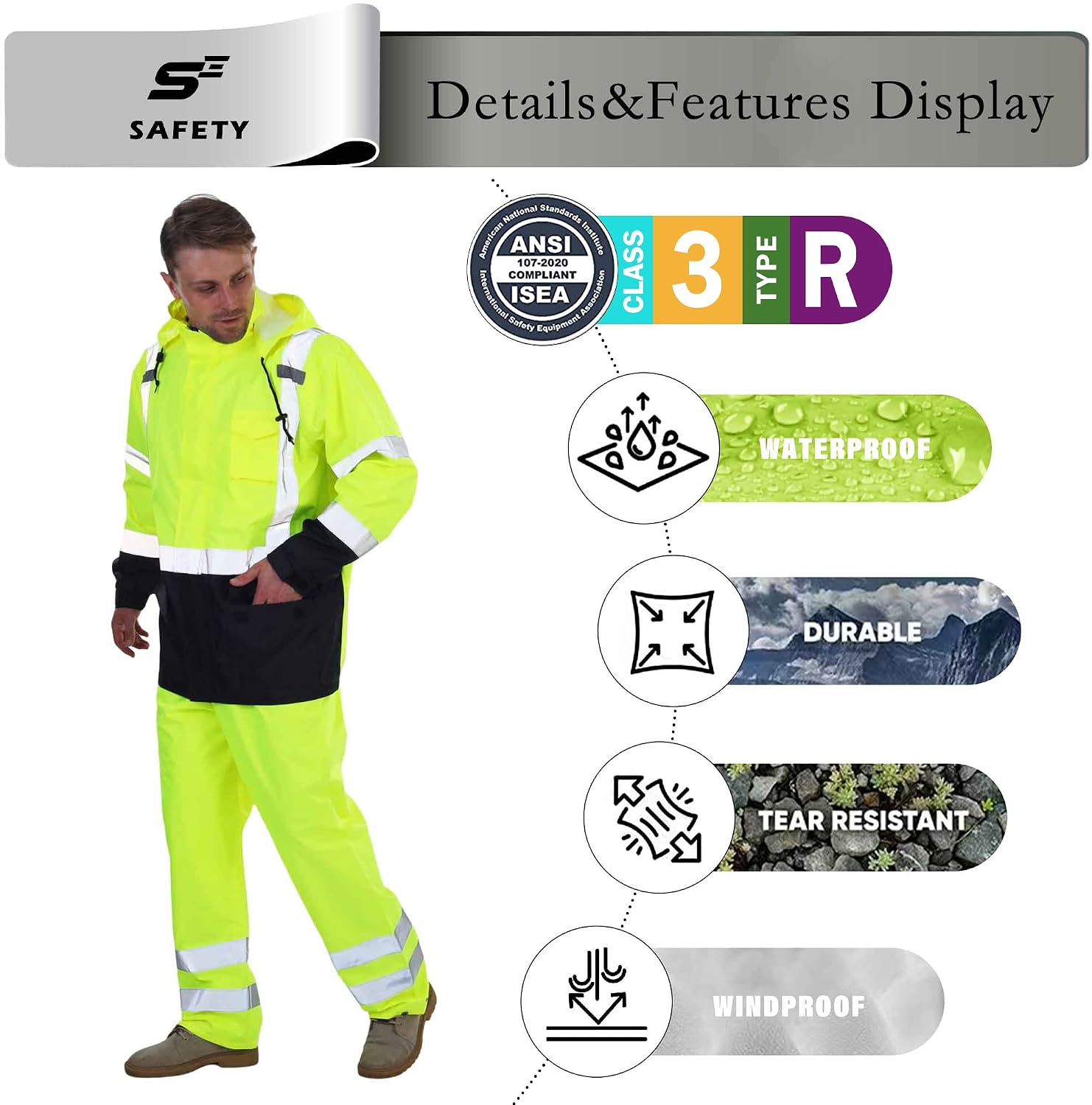 sesafety Hi Vis Rain Jacket, Rain Suits for Men Waterproof withBlack Bottom