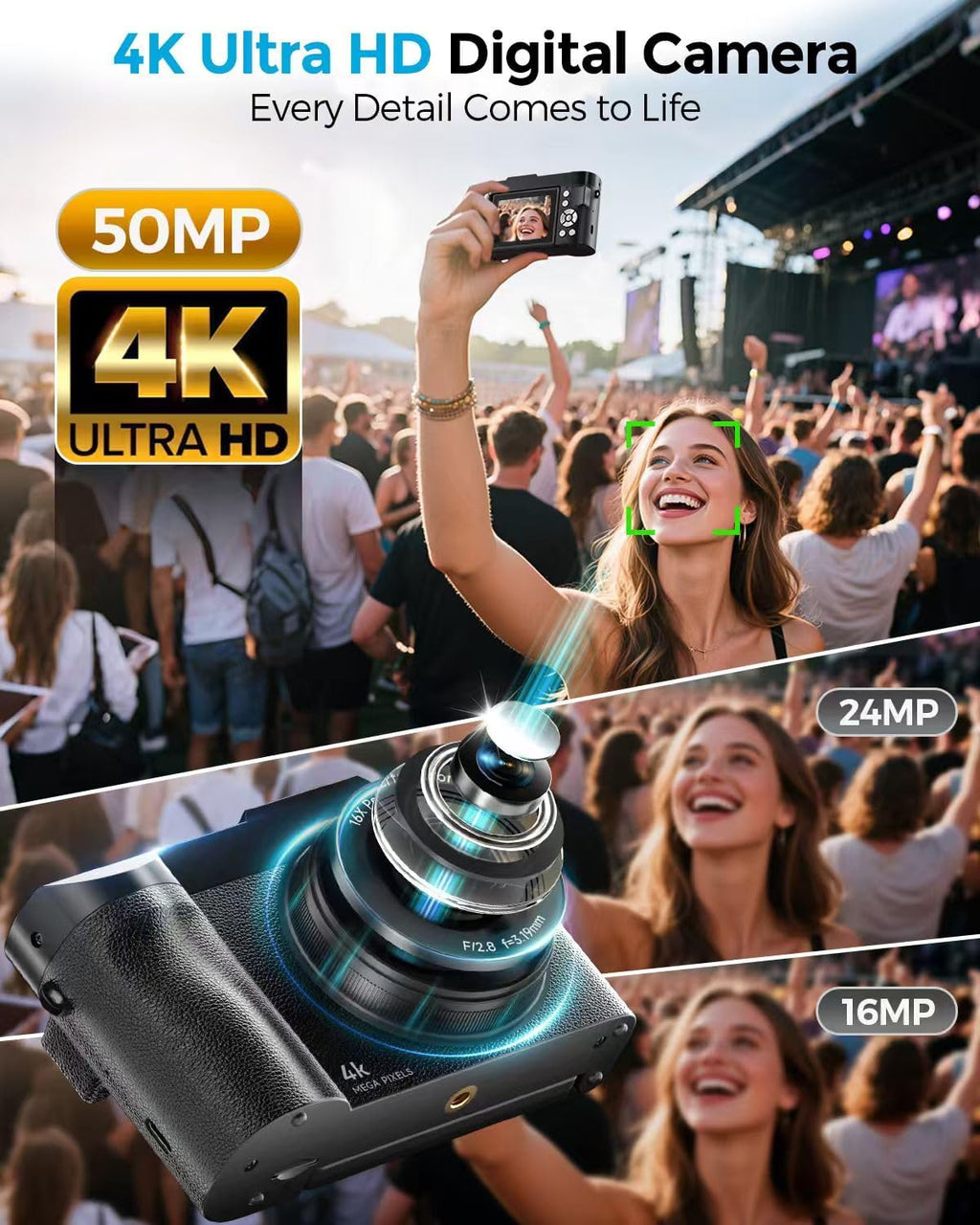 4K Digital Camera for Photography, 50MP Autofocus Point and Shoot Digital Cameras for YouTube, 16X Zoom with 2.8" 180°Flip Screen, Vlogging Camera for Teens & Beginners- 64GB