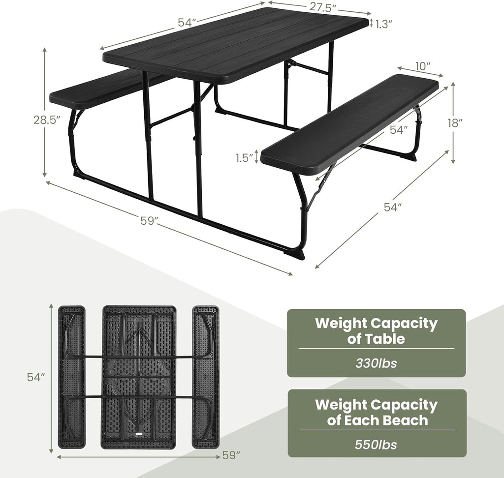 Tangkula Folding Picnic Table with 2 Benches, Outdoor Metal Camping Table Set with Plastic Wood-Like Texture Tabletop & Steel Frame, Foldable Camping Table for Picnic, Party, BBQ (Black)