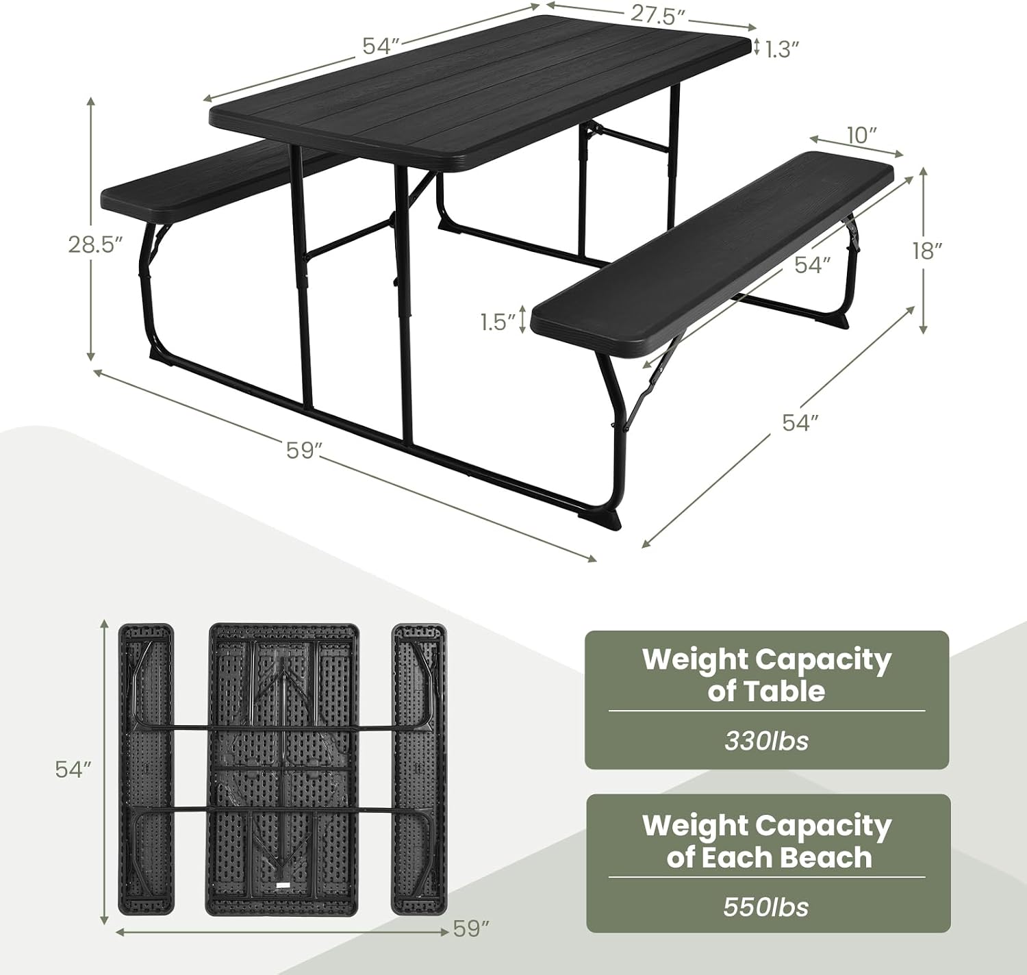 Tangkula Folding Picnic Table with 2 Benches, Outdoor Metal Camping Table Set with Plastic Wood-Like Texture Tabletop & Steel Frame, Foldable Camping Table for Picnic, Party, BBQ (Black)