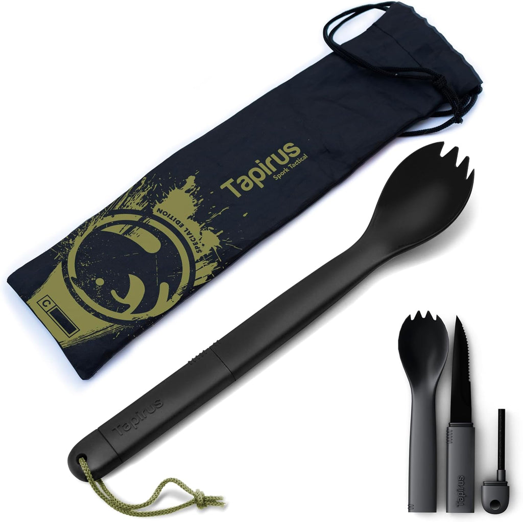Tapirus Spork Tactical Orange | BPA Free Spoon Fork, Stainless Steel Knife and Fire Starter | 3 in 1 multipurpose utensil | Outdoor hiking, camping & backpacking gear | Fit for MRE