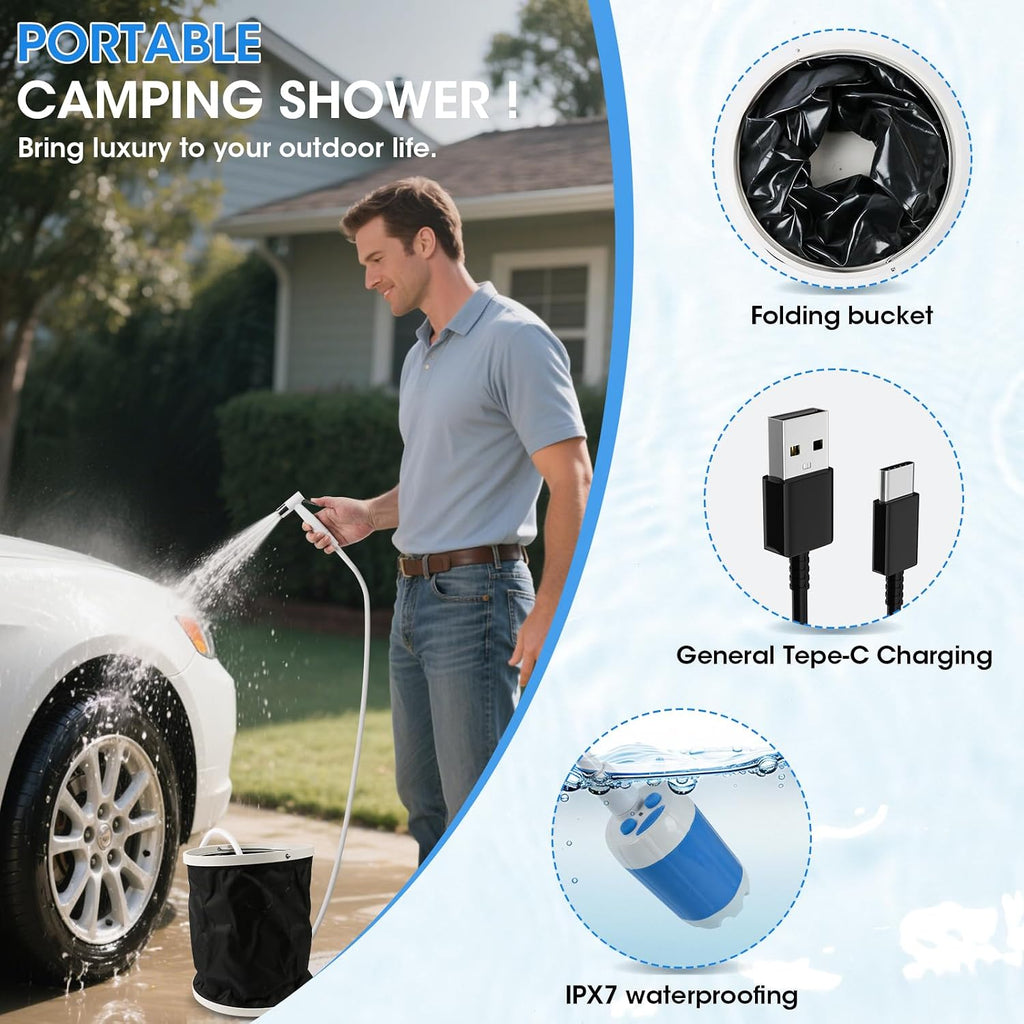Portable Camping Shower, Outdoor Shower Kit, Hose& Folding Bucket, Rechargeable Powered Portable Shower for Camping, Hiking, Beach,RV,Pet Cleaning & Road Trips