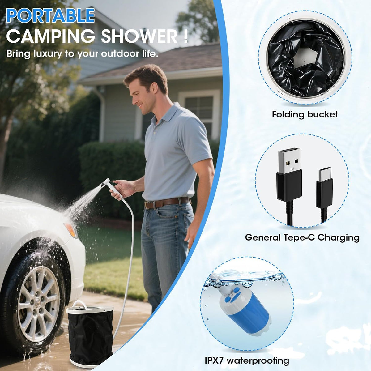Portable Camping Shower, Outdoor Shower Kit, Hose& Folding Bucket, Rechargeable Powered Portable Shower for Camping, Hiking, Beach,RV,Pet Cleaning & Road Trips