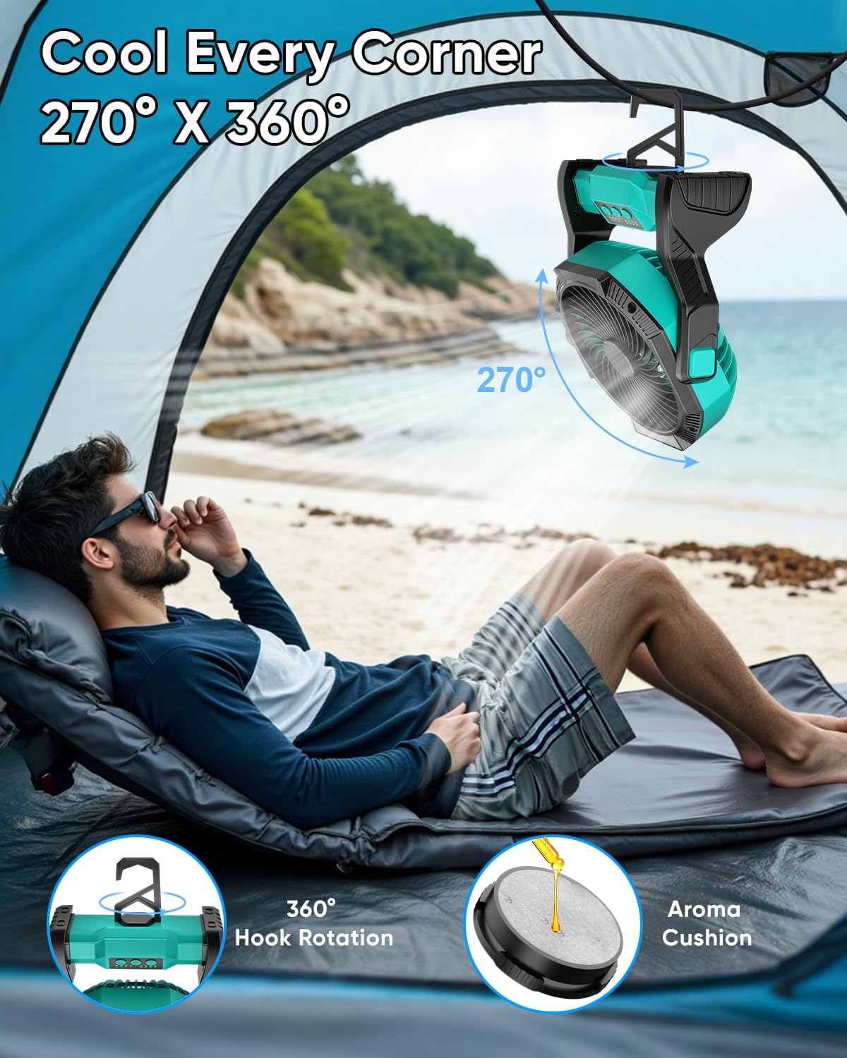 Portable Rechargeable Fan, 20000mAh Battery Powered Camping Fan with LED Light & Hook, 270° Adjustable, 4-Speed, 4H Timer Camping Essentials for Outdoor Tent Travel BBQ Car_Blue
