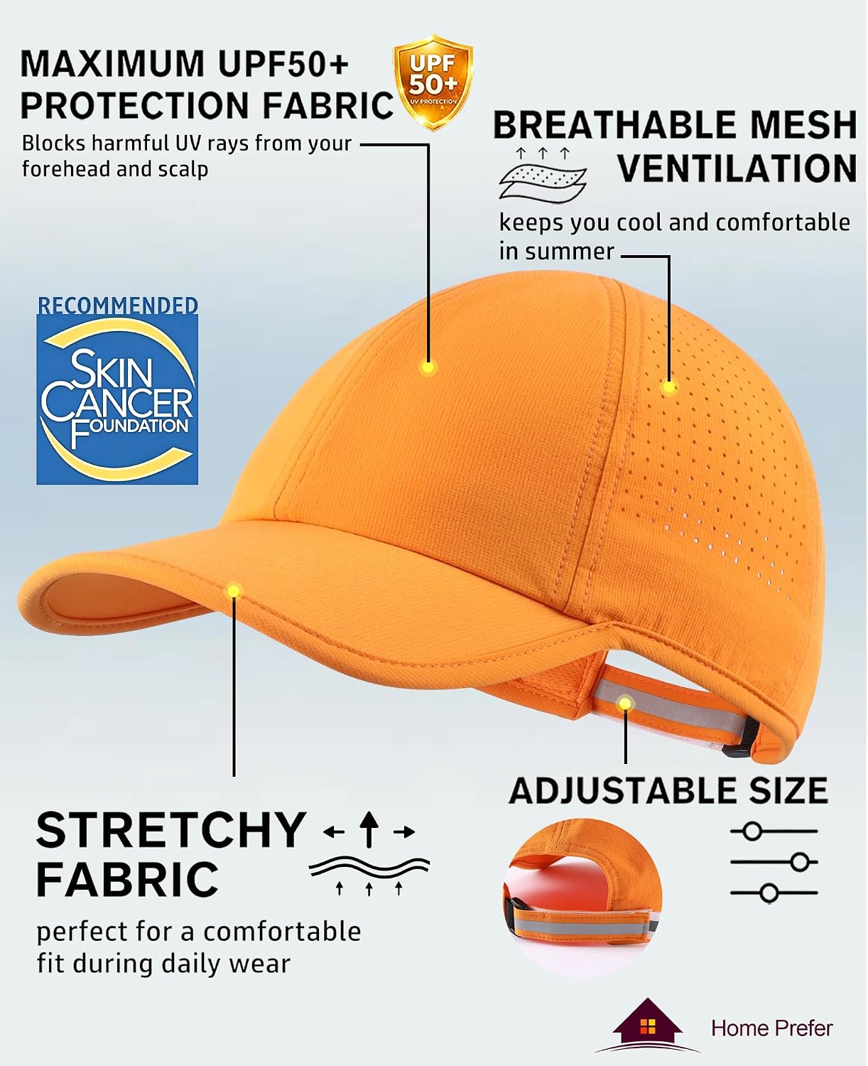 Home Prefer UPF50 Sun Hat for Men Women Reflective Water Repellent Quick Dry Baseball Cap Golf Running Outdoor Sport Hat