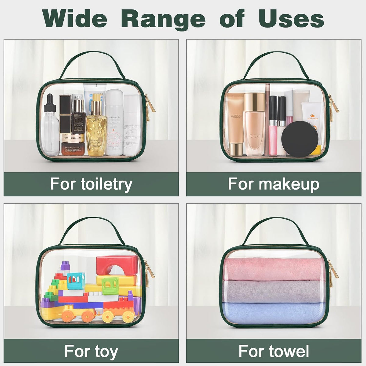 Wedama TSA Approved Toiletry Bag, 3 Pack Clear Makeup Bags with Handles, Quart Size Clear Toiletry Bags, PVC Cosmetic Bags for Women and Men, Carry on Airport Airlin (Dark Green, 3 Pack, Medium)