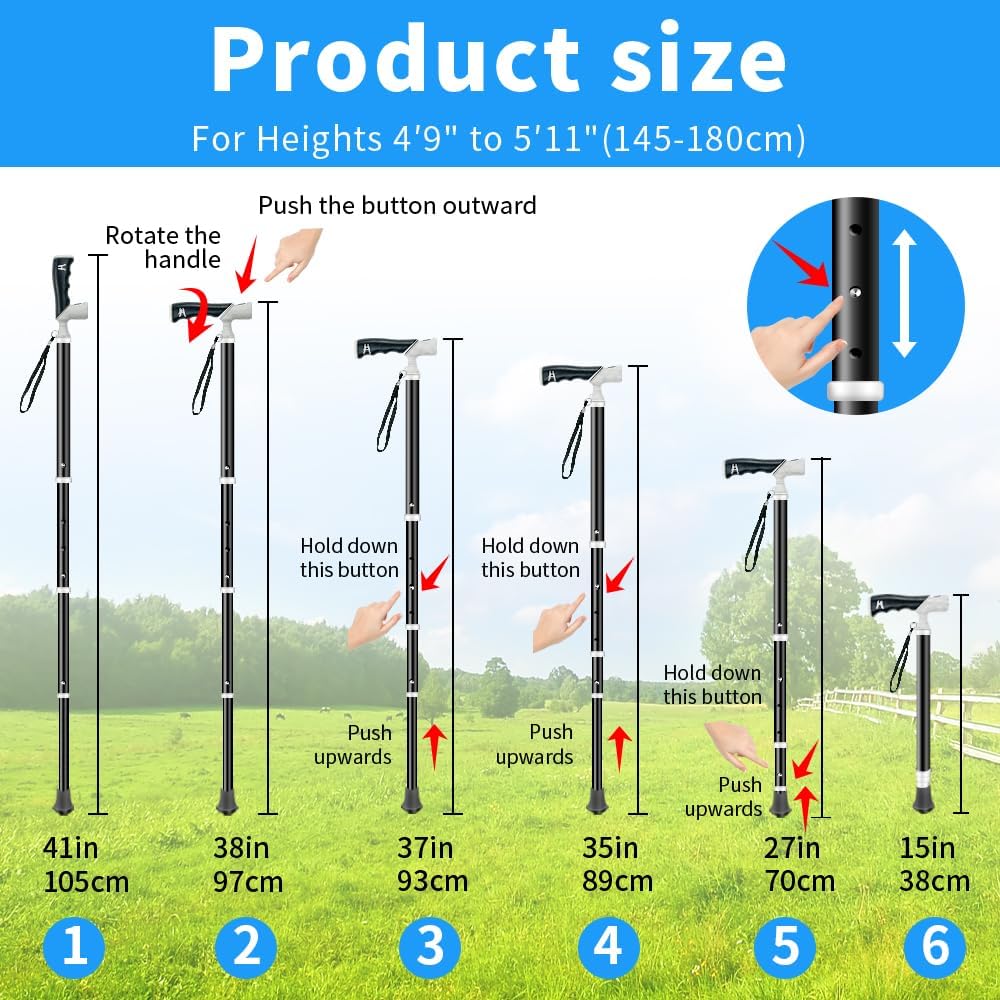 Adjustable Foldable Walking Cane, Hiking Sticks Canes Walking Sticks for Seniors,Telescopic Walking Canes with Anti-Slip Grip, Lightweight Trekking Cane for Hiking, Climbing.