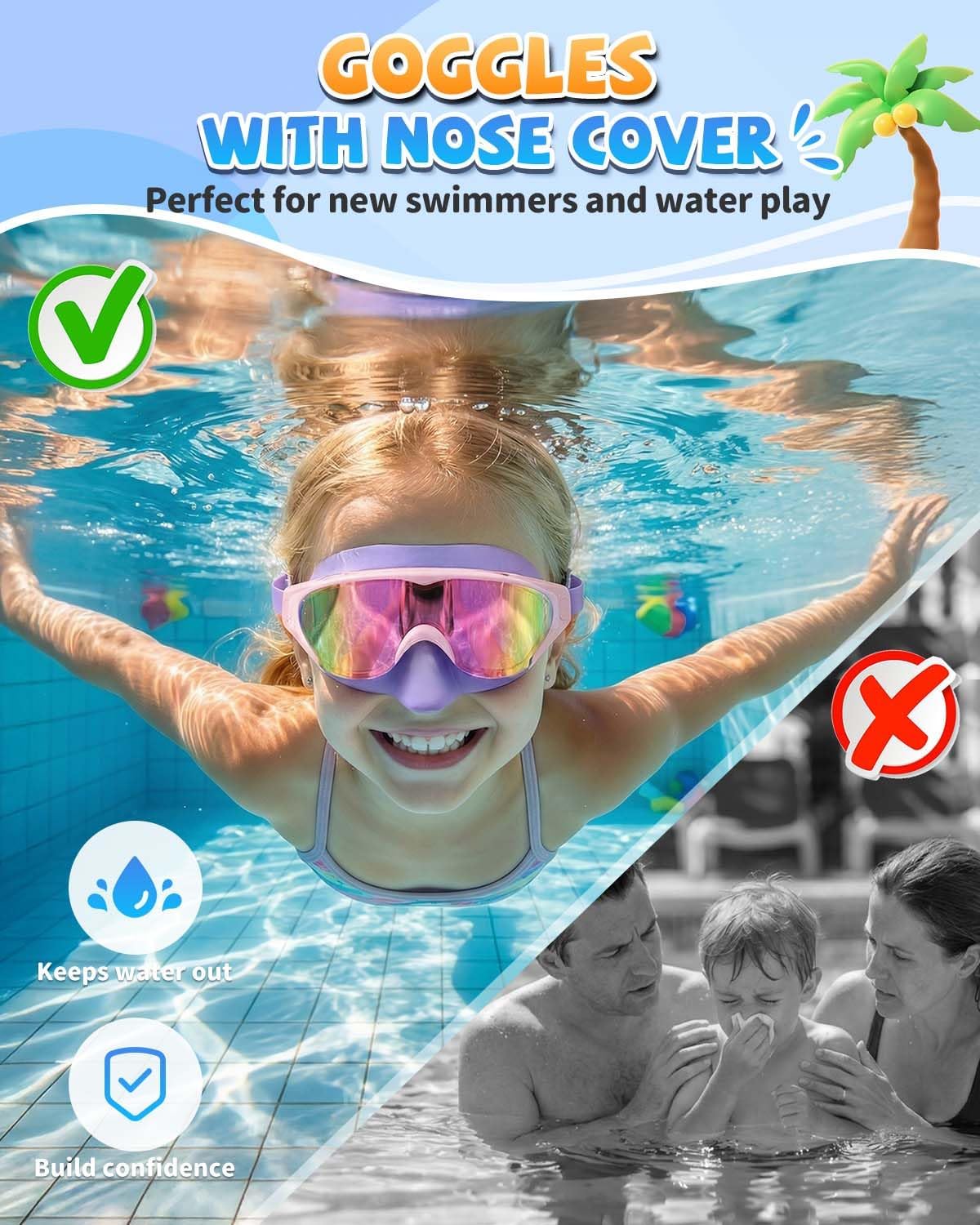 Zoomsnail Kids Swim Goggles with Nose Cover, Leakproof Anti-fog UV Lens Toddlers Swimming Goggles for Kids 3-15 Boys & Girls