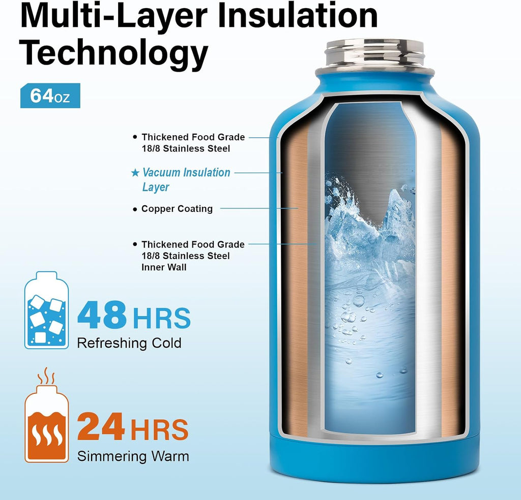 DYSANKY Insulated Water Bottle w/Straw Lid & Portable Carrier Bag, 64oz