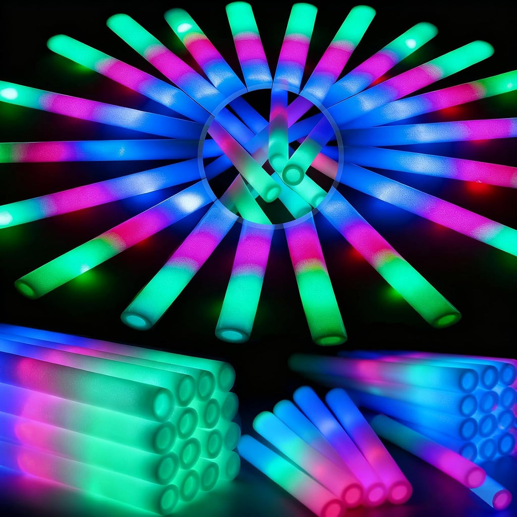 HONLYNE 120 PCS Foam Glow Sticks with 3 Modes Colorful Flashing, LED Light Sticks, Glow in the Dark Party Suppliesfor Wedding, Raves, New Year Carnival