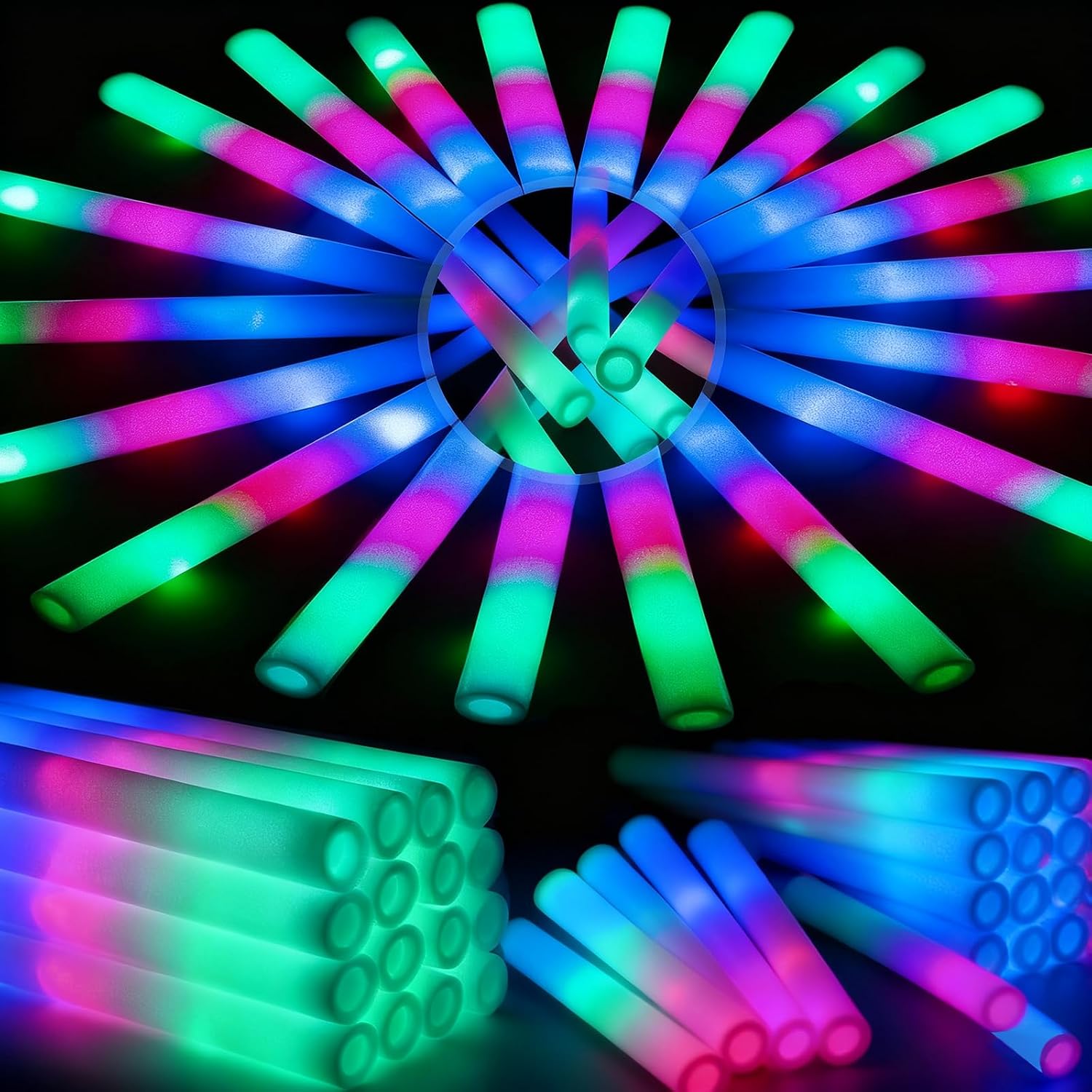 HONLYNE 120 PCS Foam Glow Sticks with 3 Modes Colorful Flashing, LED Light Sticks, Glow in the Dark Party Suppliesfor Wedding, Raves, New Year Carnival