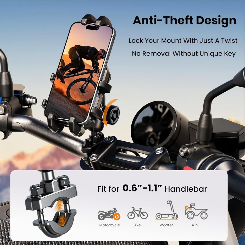 Motorcycle Phone Mount Holder with Vibration Dampener Anti-Shake 720° Adjustable for iPhone 16 Pro Max for Samsung 5.4''-6.9'' Phone Anti-Theft Dirt Bikes(U Shape Base 0.6-1.1" Handlebar)