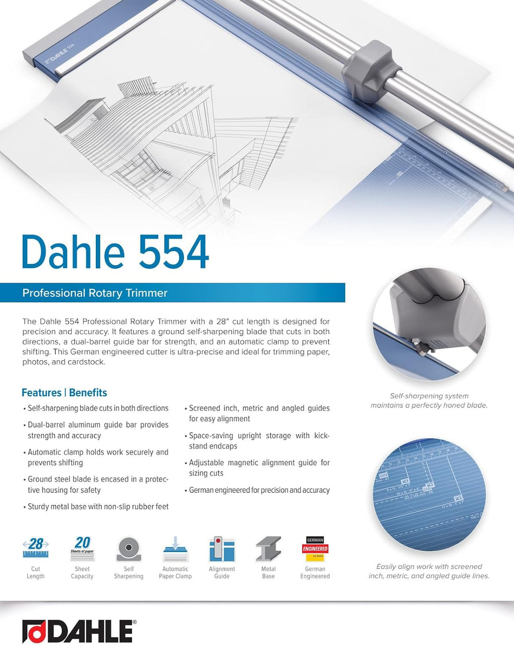 Dahle 554 Professional Rotary Trimmer, 28" Cut Length, 20 Sheet Capacity, Self-Sharpening, Dual Guide Bar, Automatic Clamp, German Engineered Paper Cutter