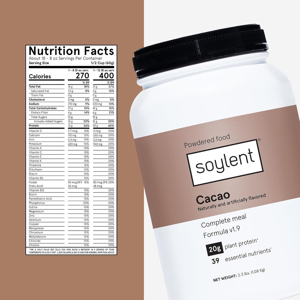 Soylent Complete Nutrition Meal Replacement Protein Powder, Cacao - Plant Based Vegan Protein, 39 Essential Nutrients - 36.8oz