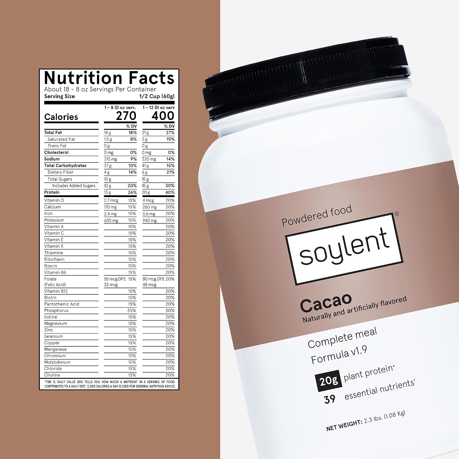 Soylent Complete Nutrition Meal Replacement Protein Powder, Cacao - Plant Based Vegan Protein, 39 Essential Nutrients - 36.8oz