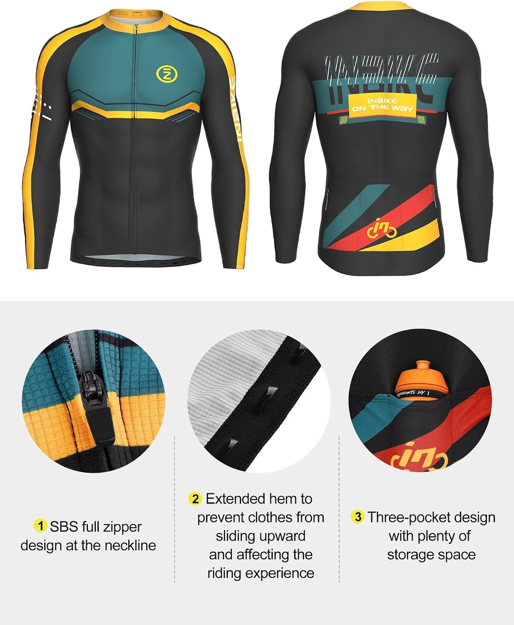 INBIKE Men's Cycling Clothing Set, Long Sleeve Cycling Jersey with 3 Rear Pockets, Cycling Bib Pants 3D Padded Breathable