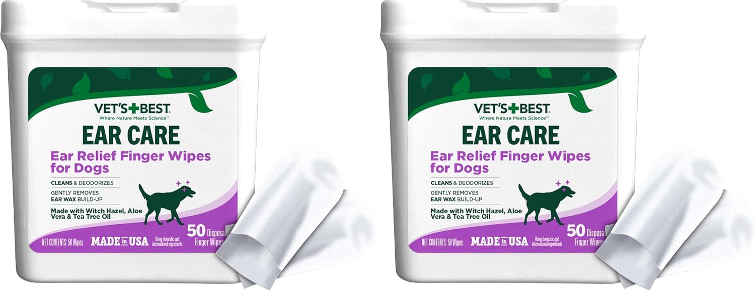 Vet's Best Ear Relief Finger Wipes | Ear Cleansing Finger Wipes for Dogs | Sooths & Deodorizes | 50 Disposable Wipes