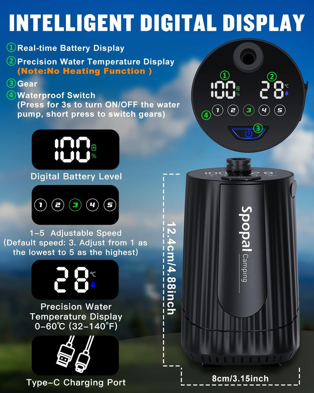 Spopal Portable Shower for Camping with 5-Gallon Water Jug, 10000mAh