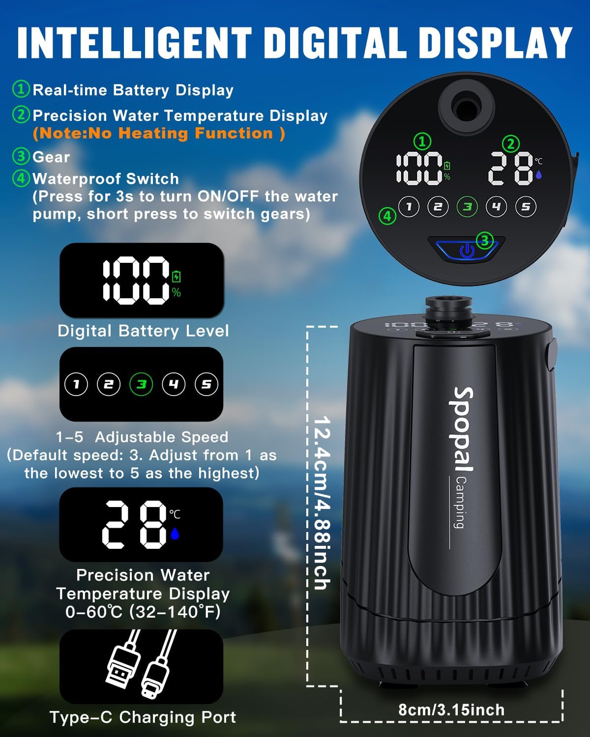 Spopal Portable Shower for Camping with 5-Gallon Water Jug, 10000mAh