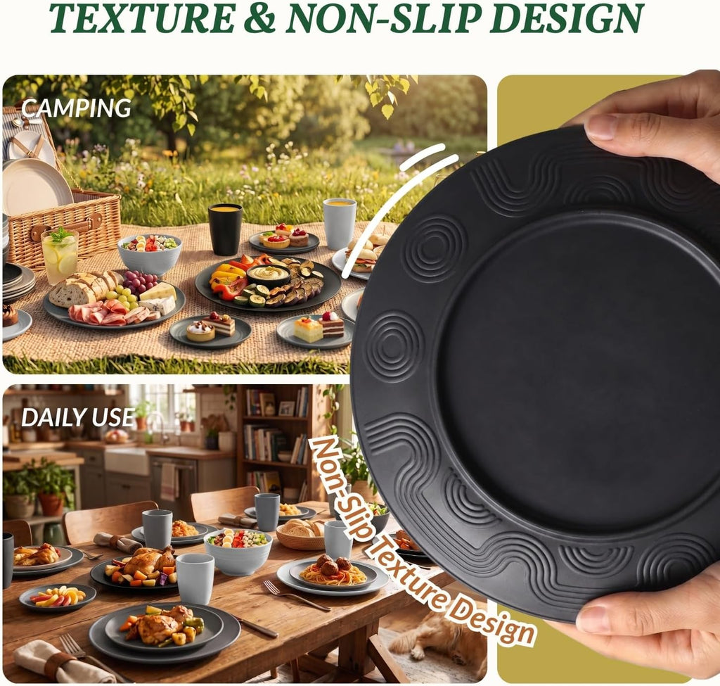 Homienly 40 PCS Kitchen Plates and Bowls Sets for 8 Wheat Straw Dinnerware Sets Microwave and Dishwasher Safe Camping Dish Set Plate Set, Kids, Reusable, Unbreakable, Lightweight-BlackGrey